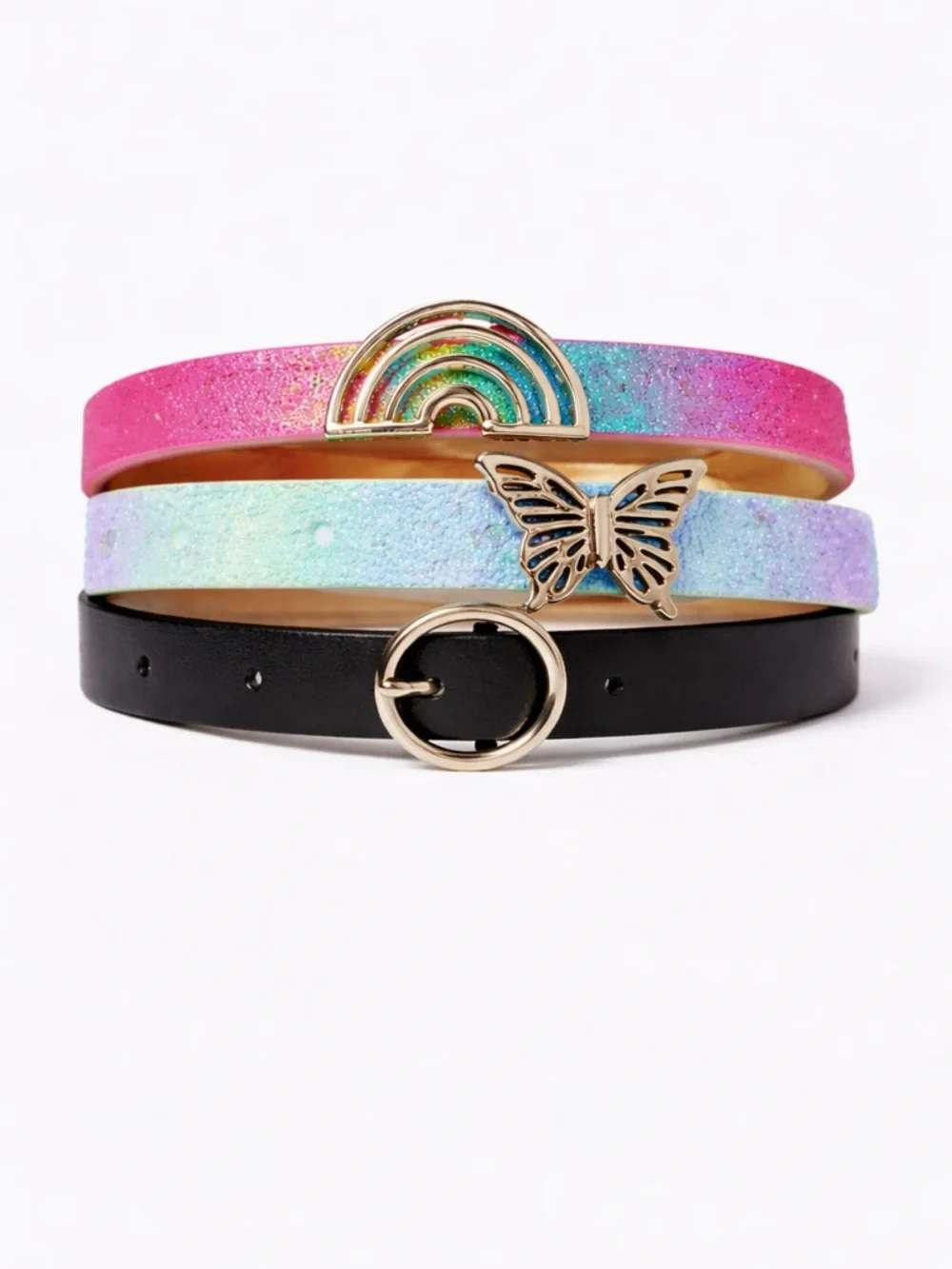 Cat & Jack Girls 3-Pack Belts XL Glitter Rainbow Butterfly & Black Ring Size XL